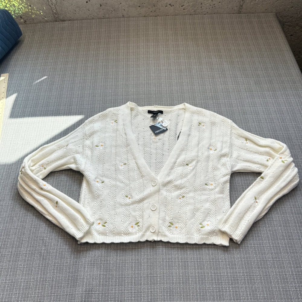 New Ballet Daisy Embroidered Cardigan Womens Small Coquette White Cropped